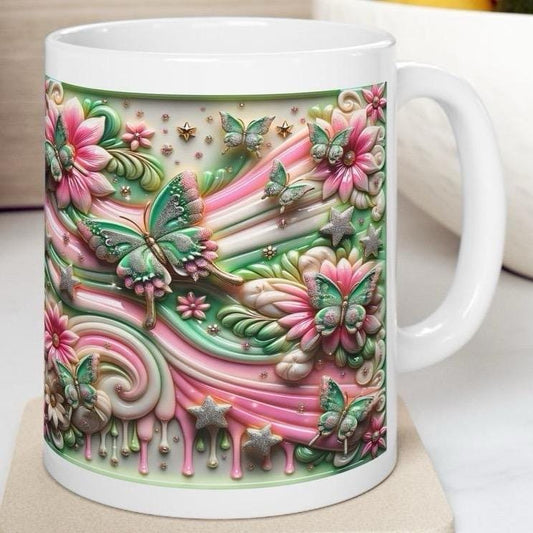 Pink butterfly flower 3d mug - perfect for your morning drinks - drinkware, tumblers coffee stylish tea washable reusable reuse cup ceramic