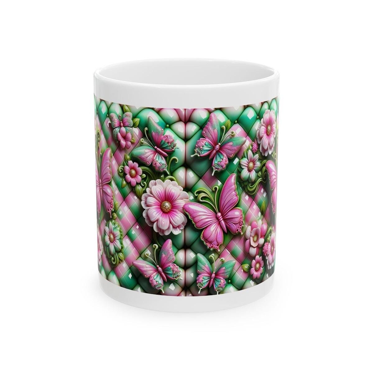 Green pink quilted butterfly flower 3d mug - perfect for drinks - tumblers, drinkware coffee reusable washable cup reuse ceramic xmas mugs t