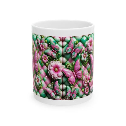Green pink quilted butterfly flower 3d mug - perfect for drinks - tumblers, drinkware coffee reusable washable cup reuse ceramic xmas mugs t