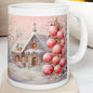 Pink winter village cottage house mug - christmas secret santa stocking filler gift drinkware washable tumbler reuse reusable cup ceramic co