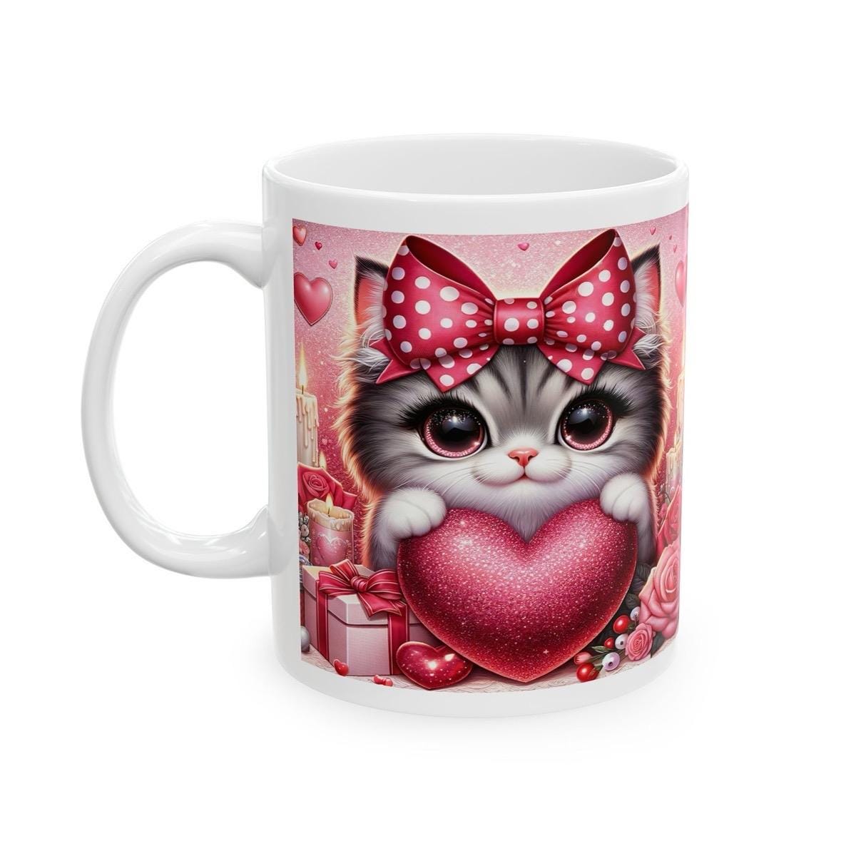 Loveheart kitten valentines mug - perfect gift for xmas christmas - drinkware, tumblers cup reuse girlfriend boyfriend wife husband washable
