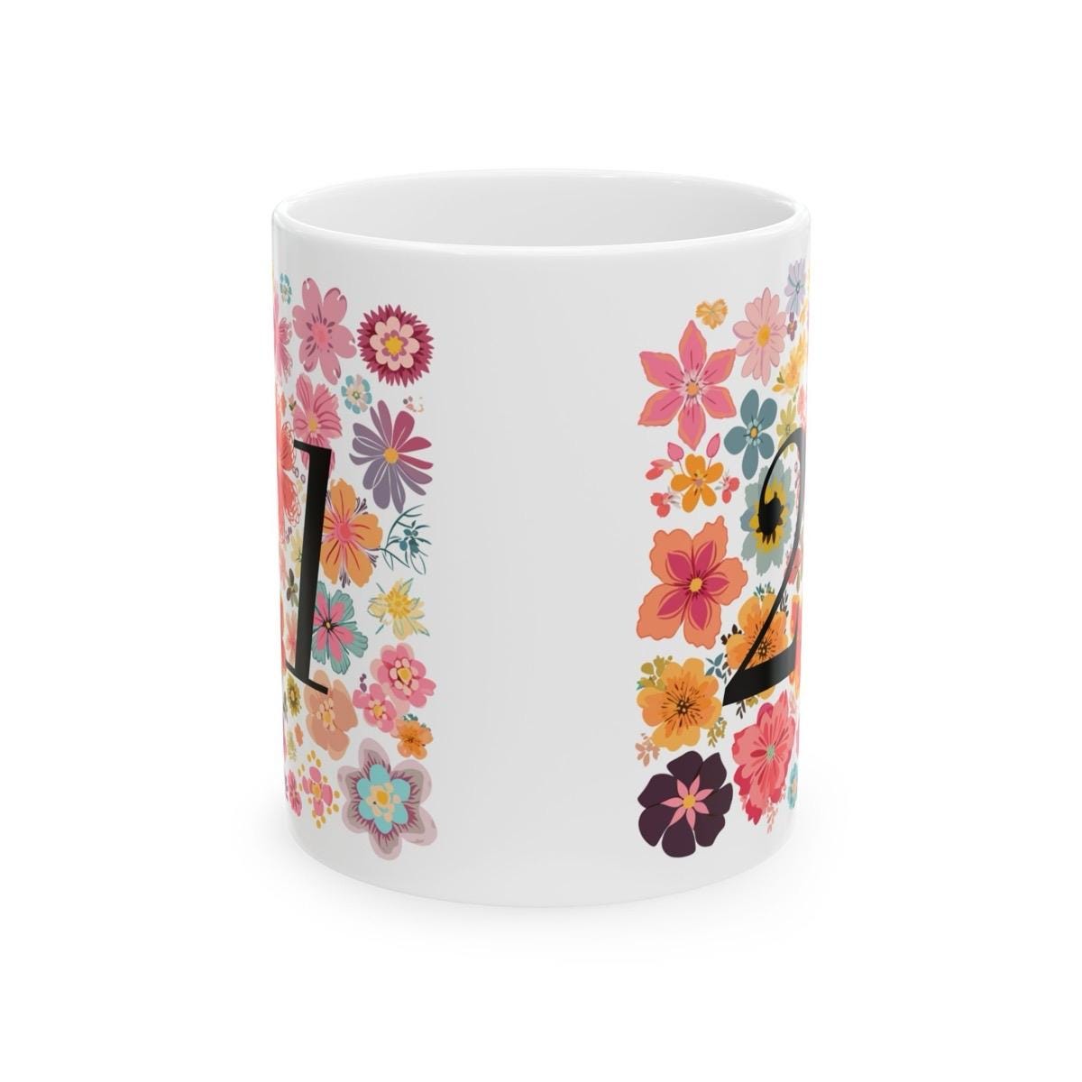 Flowery 21st birthday mug - perfect gift for celebrating - drinkware, tumblers ceramic cup washable reuse reusable coffee  girly cute friend
