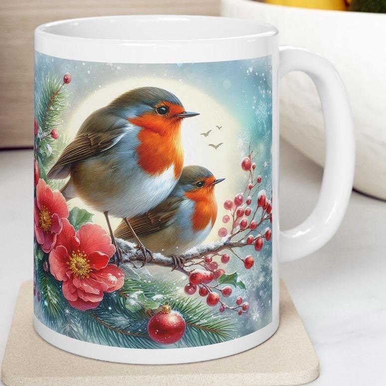 Robin cute christmas mug - perfect for your morning beverage - drinkware, cup tumblers reusable bottles washable reuse coffee ceramic xmas m