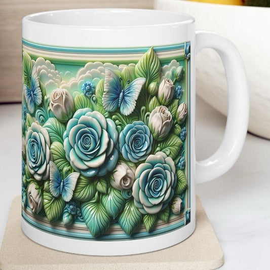Roses and butterflies 3d mug - perfect for coffee and tea - drinkware, cup tumblers bottles reusable washable xmas mugs festive cute girly