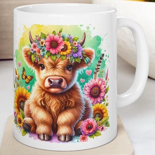 Highland cow flower crown 3d mug - perfect for coffee and tea - drinkware cup washable tumbler reuse ceramic reusable xmas mugs festive stur