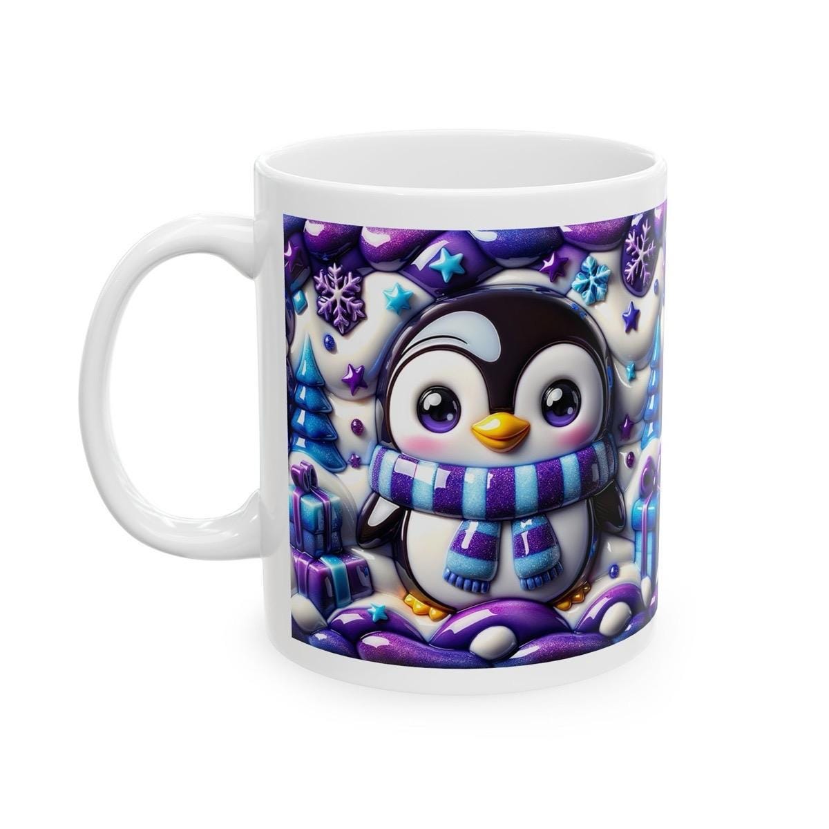 3d quilted sparkly festive penguin mug - cozy holiday design with blue and purple  accents - perfect christmas gift drinkware reusable reuse