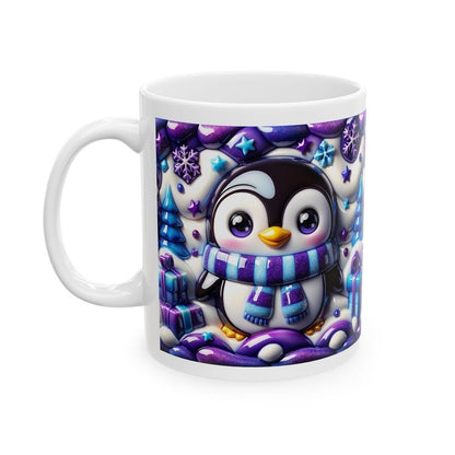 3d quilted sparkly festive penguin mug - cozy holiday design with blue and purple  accents - perfect christmas gift drinkware reusable reuse
