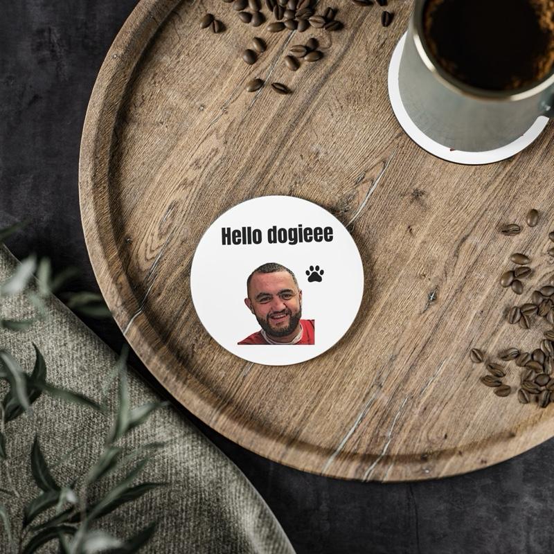 Mashtag brady mug coaster 'hello dogieee' - heat resistant tableware for dog lovers - durable & easy to clean - perfect gift for friends gif