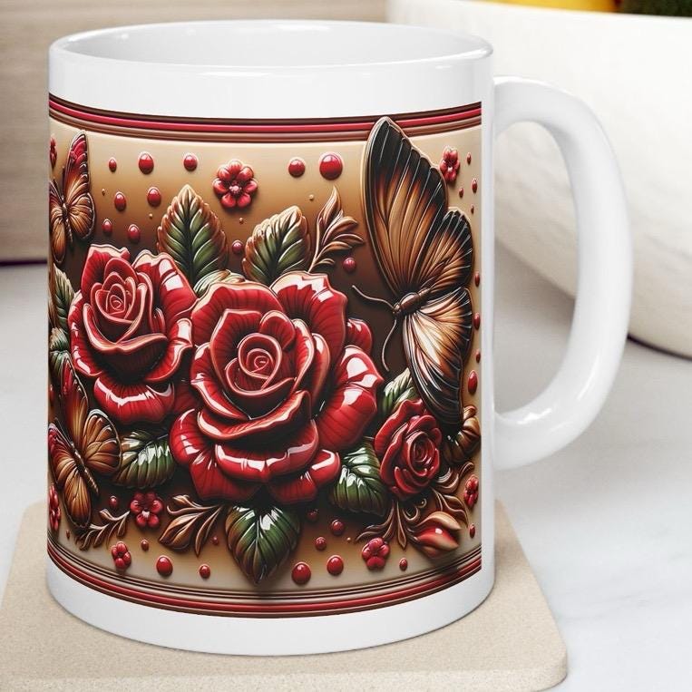 Roses and butterflies 3d mug - ideal for coffee and tea - drinkware, tumblers cup bottles reusable washable ceramic xmas mugs festive