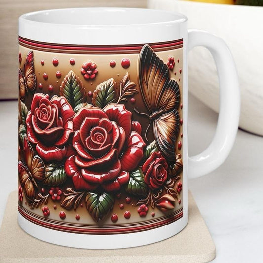 Roses and butterflies 3d mug - ideal for coffee and tea - drinkware, tumblers cup bottles reusable washable ceramic xmas mugs festive