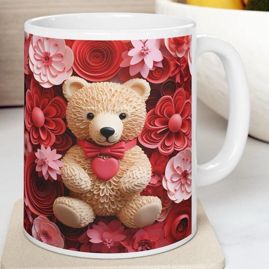 Red floral heart bear 3d style mug - perfect gift for xmas, christmas, valentine's day - secret santa stocking filler - 11 oz - drinkware wa