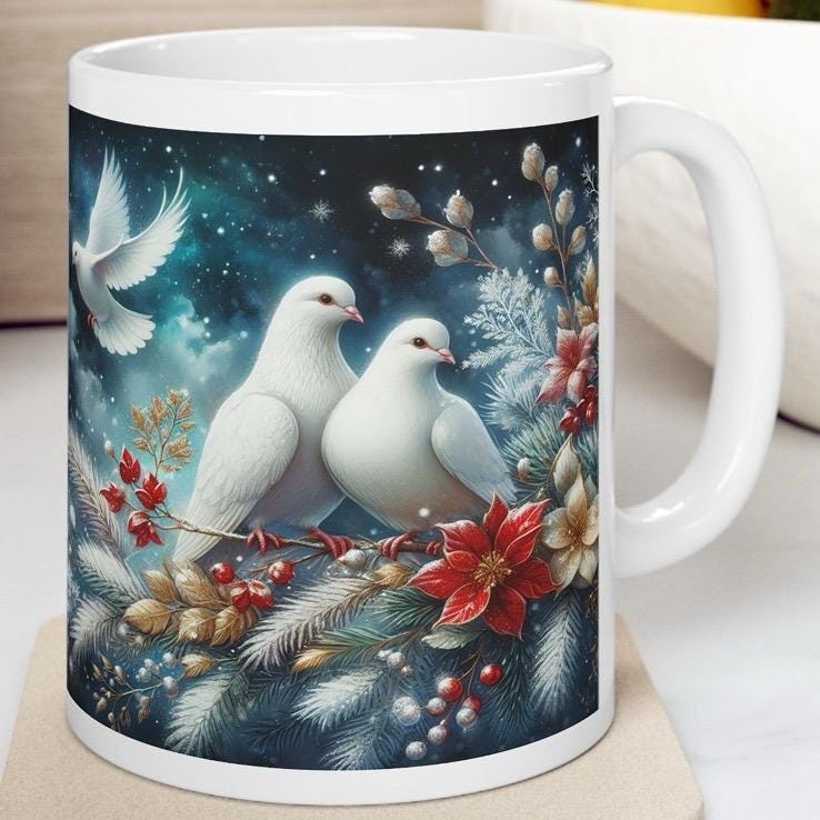 Dove christmas mug - perfect for hot beverages - drinkware, tumblers cup bottles reusable washable ceramic reuse xmas mugs tea festive
