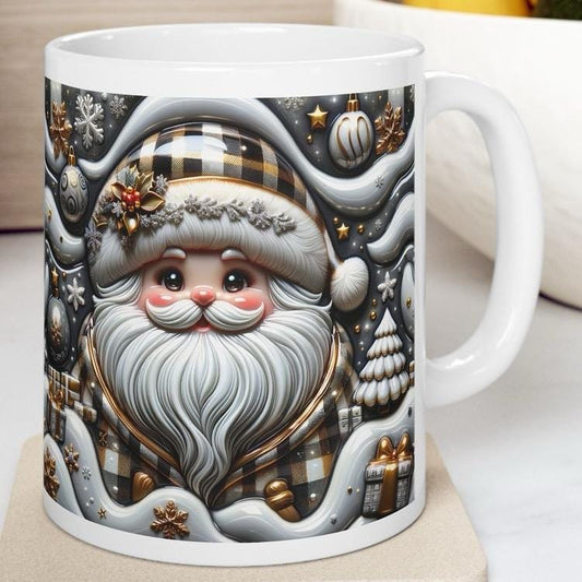3d festive santa mug - cozy holiday design with gold and gray accents - perfect christmas gift - drinkware reuse reusable washable coffee cu