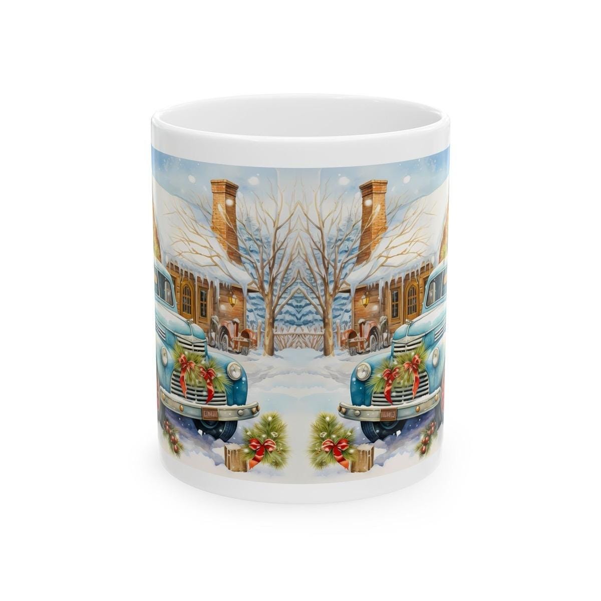 Blue retro truck christmas mug - perfect secret santa gift or stocking filler drinkware reusable reuse tumbler washable ceramic cup xmas mug