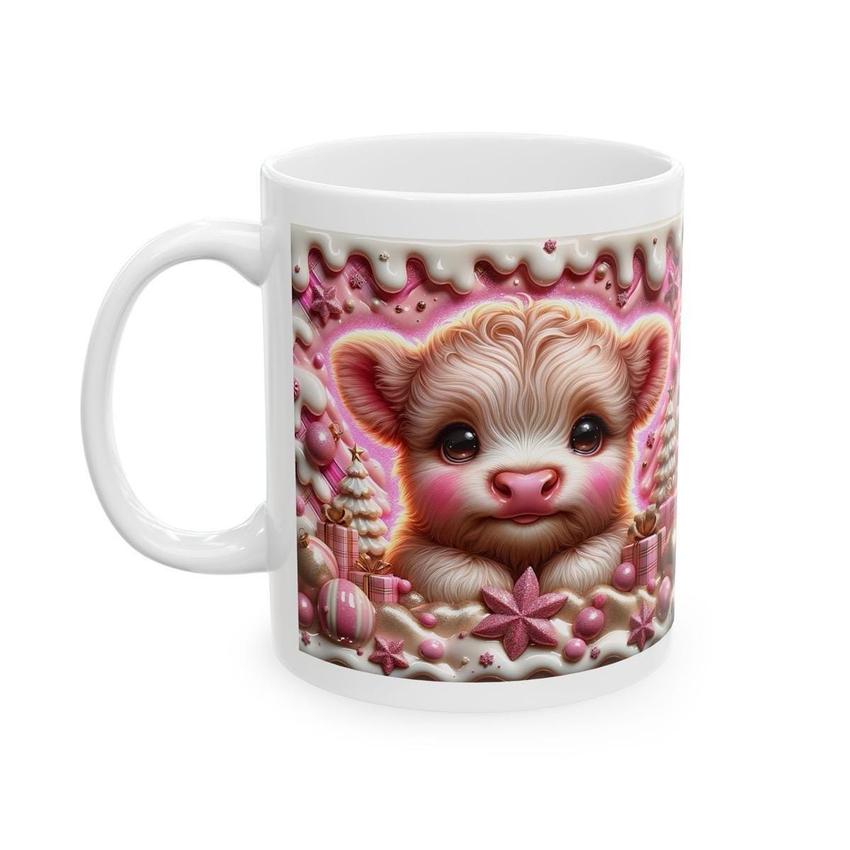 3d pink highland cow christmas mug – adorable festive design with candy accents, perfect for holiday gifting! drinkware reusable washable