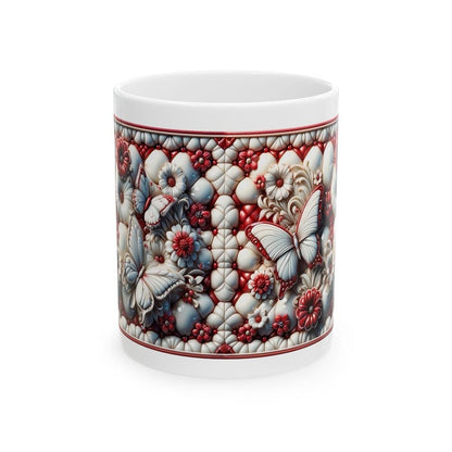 Red and ivory quilted butterfly garden 3d mug - perfect for coffee and tea - drinkware washable tumbler reusable cup reuse ceramic xmas mugs