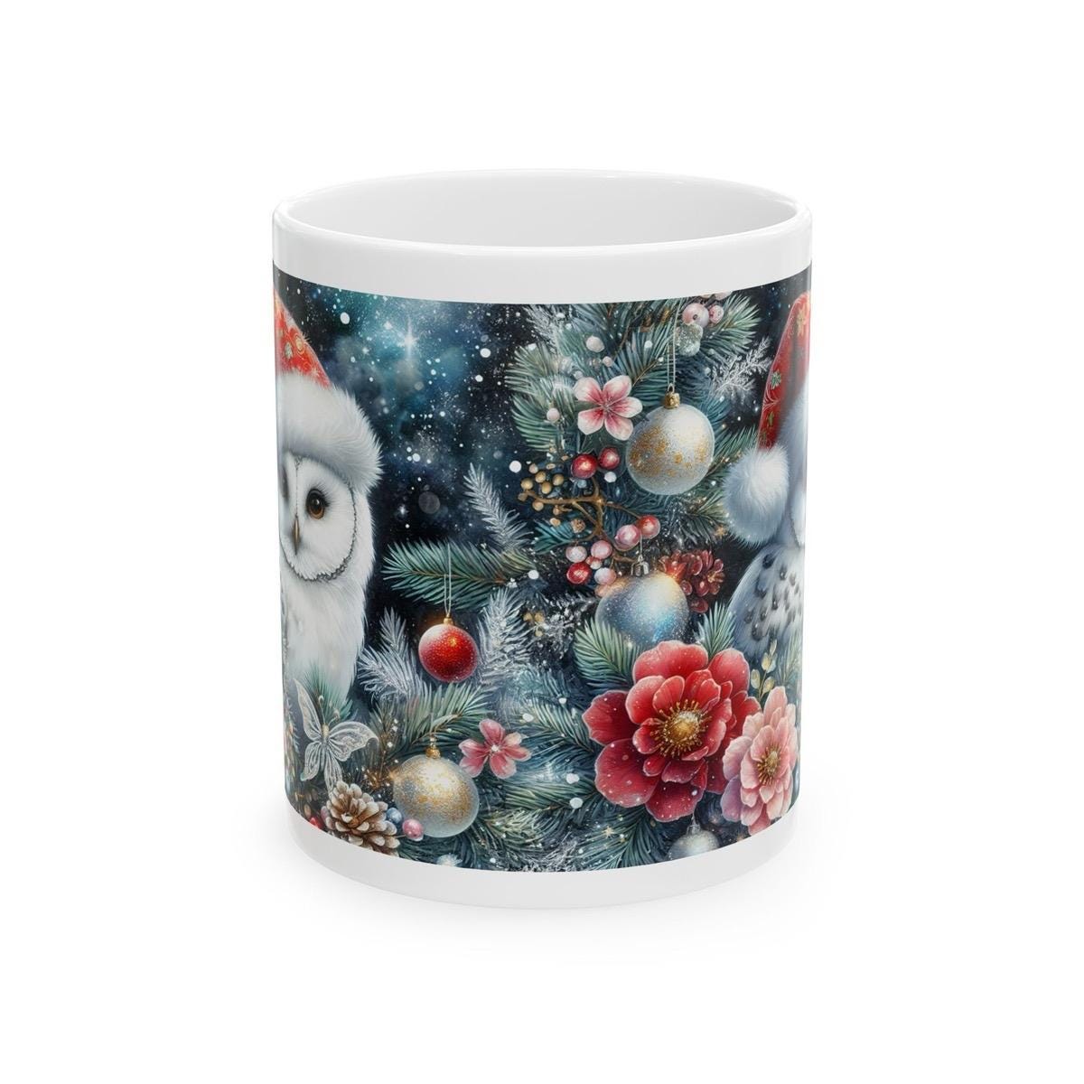 Cute white owl christmas mug - perfect for hot drinks - drinkware, cup tumblers reusable washable coffee ceramic reuse xmas mugs tea festive