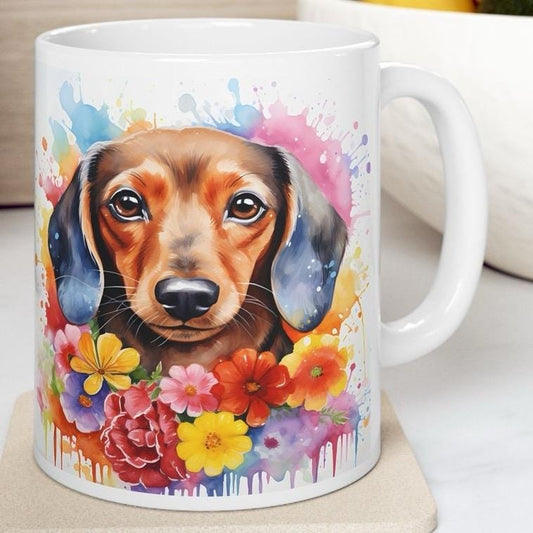 Dachshund sausage dog floral art mug for coffee and tea, perfect christmas or birthday gift drinkware tumbler cup reusable washable reuse ce