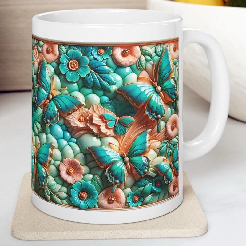 Peach turquoise butterfly 3d mug - perfect for your morning drinks - tumblers, drinkware cup washable reusable ceramic reuse coffee xmas mug