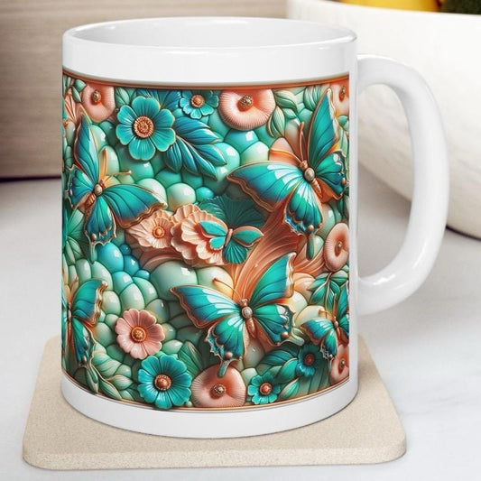 Peach turquoise butterfly 3d mug - perfect for your morning drinks - tumblers, drinkware cup washable reusable ceramic reuse coffee xmas mug