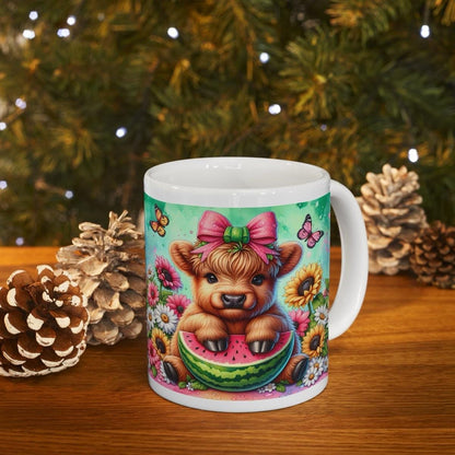 Cute highland cow sitting in watermelon 3d mug - perfect for your morning drinks - drinkware, tumblers cup reusable washable bottles ceramic