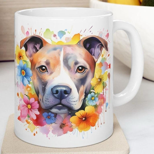 Staffy staffordshire floral art mug - perfect xmas christmas gift for dog lovers - fairy design - drinkware washable reuse coffee reusable t