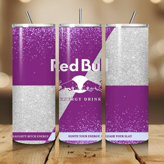 Red bull tumbler 20oz - purple glitter style ‘naughty bitch energy’ ‘unleash your slay’ perfect for on-the-go hydration - vacuum fla
