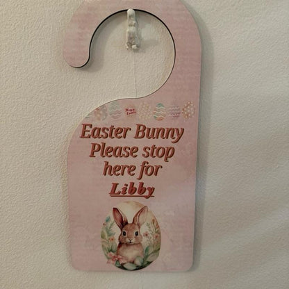 Personalised easter bunny please stop here door hanger door sign for kids - pink/blue - hangable, ornaments, hanging, decoration, decor gift