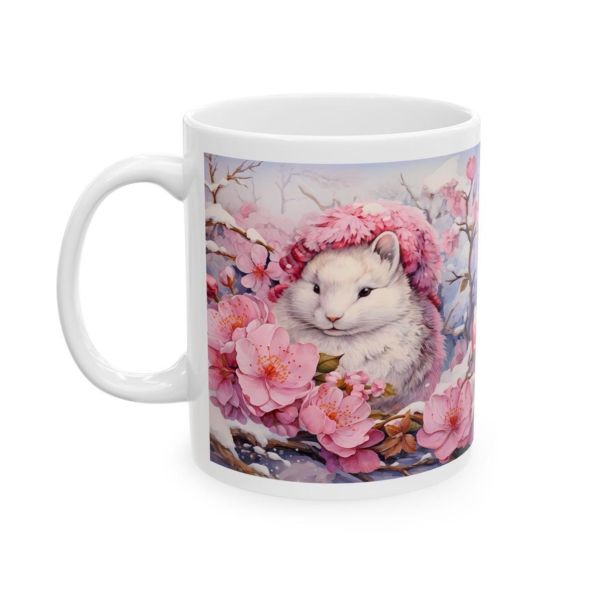 Floral winter cute christmas pink mug - secret santa stocking filler gift drinkware tumbler washable reuse cup reusable coffee ceramic xmas