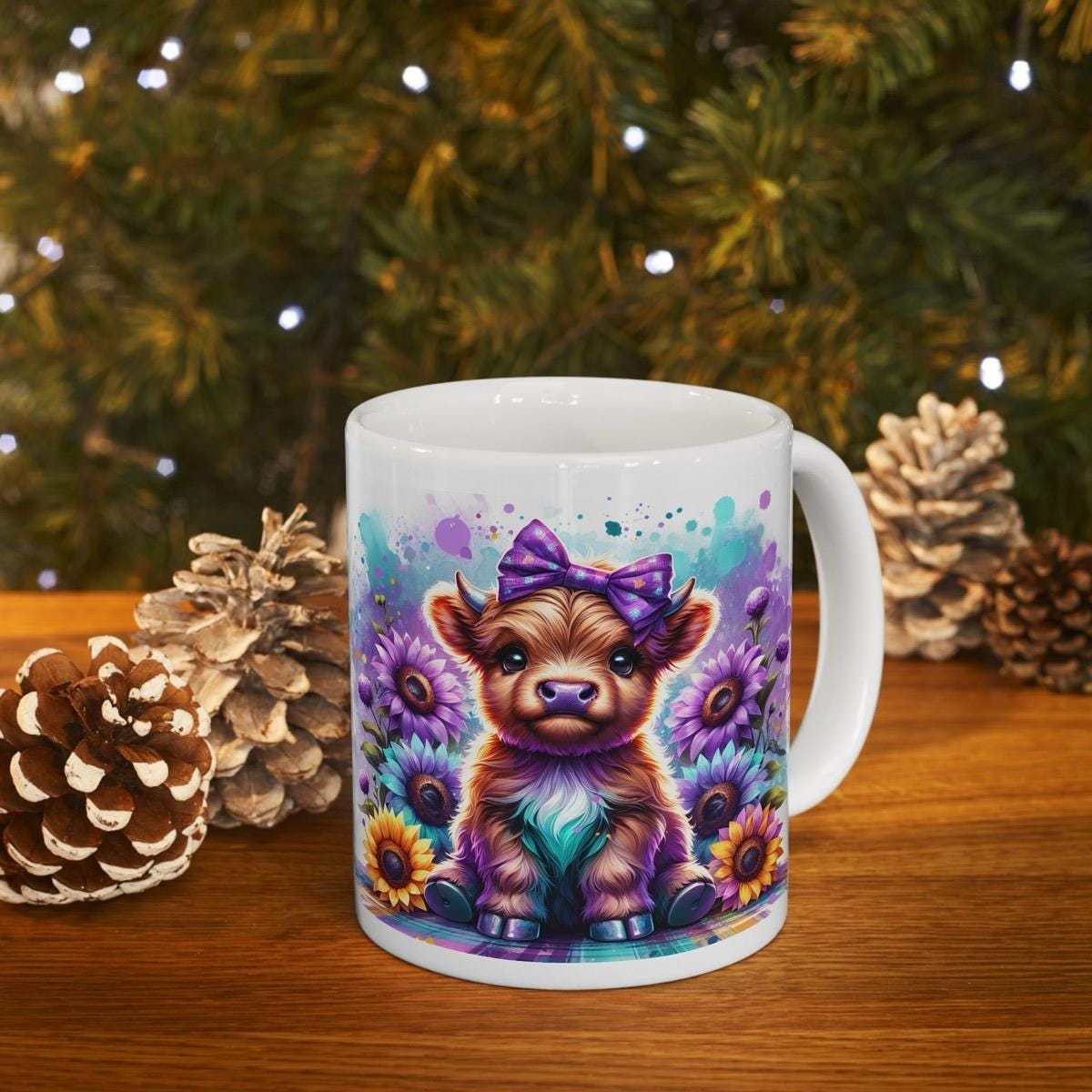 Cute highland cow 3d mug with purple bow - perfect for your morning drinks - drinkware, tumblers cup washable reusable ceramic coffee reuse