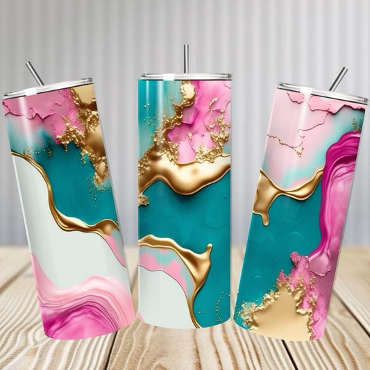Cute girly marble tumbler 20oz pink blue gold - perfect for any occasion - drinkware, mug cup flasks bottles water bottles bottled portable