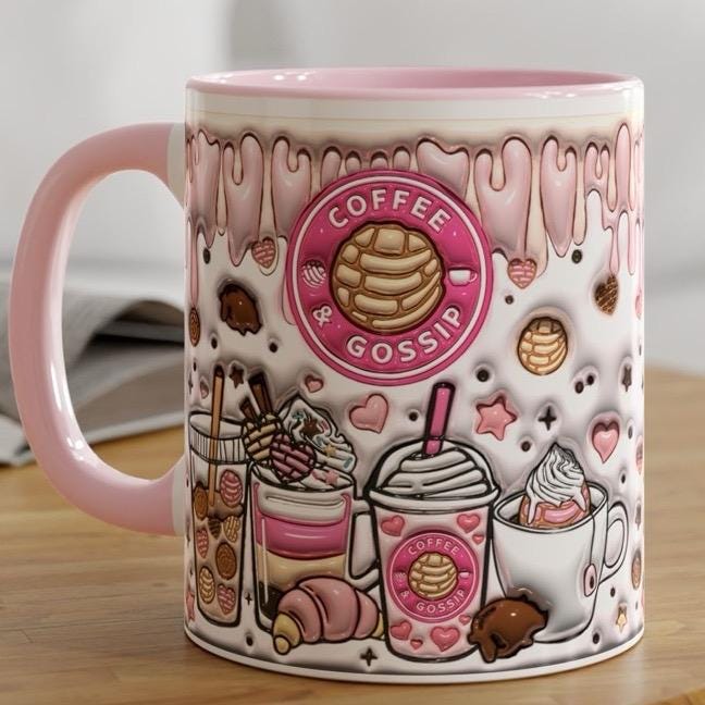 Christmas cute 3d mug with coffee and gossip design, pink interior and handle - drinkware, tumblers cup reusable reuse washable ceramic coff