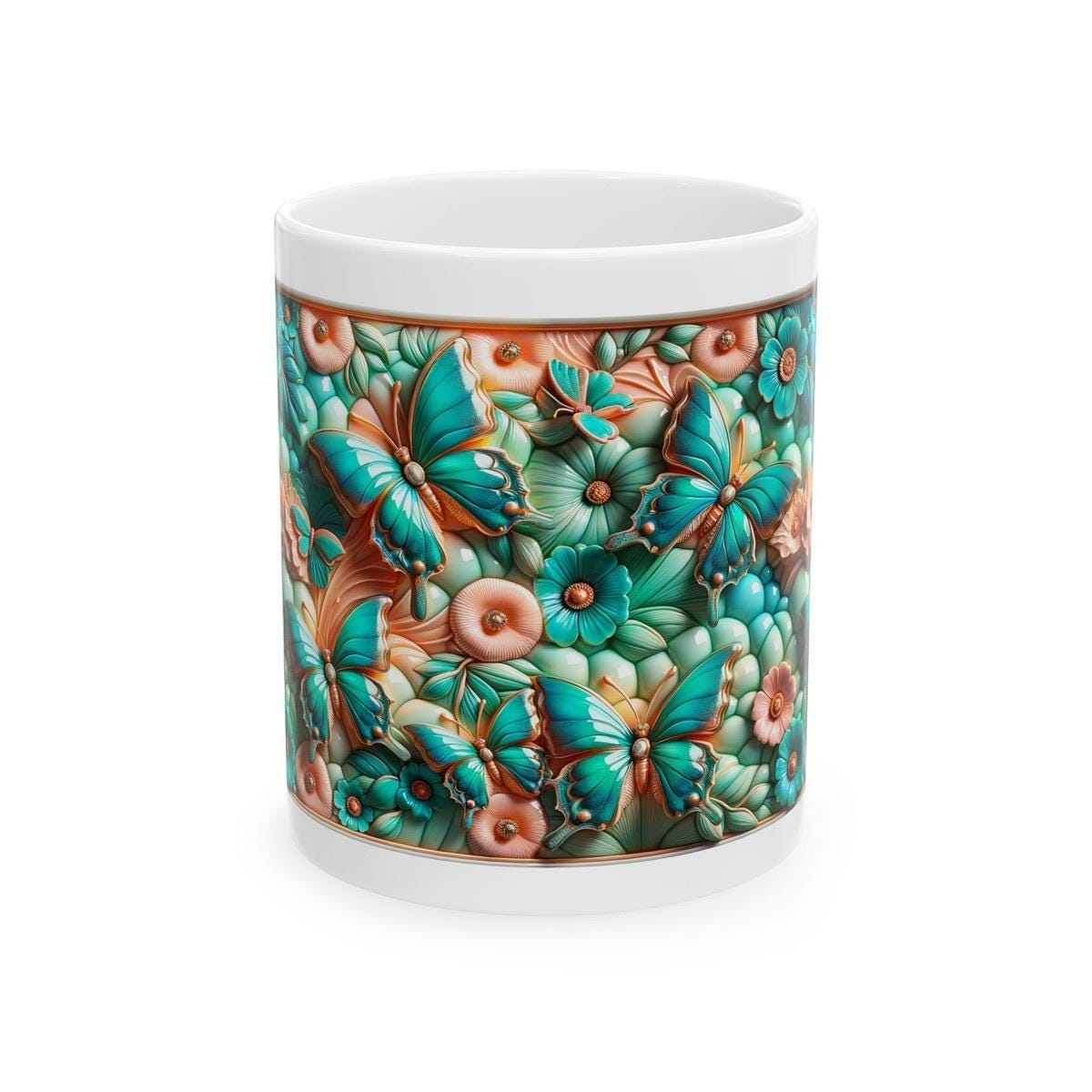 Peach turquoise butterfly 3d mug - perfect for your morning drinks - tumblers, drinkware cup washable reusable ceramic reuse coffee xmas mug