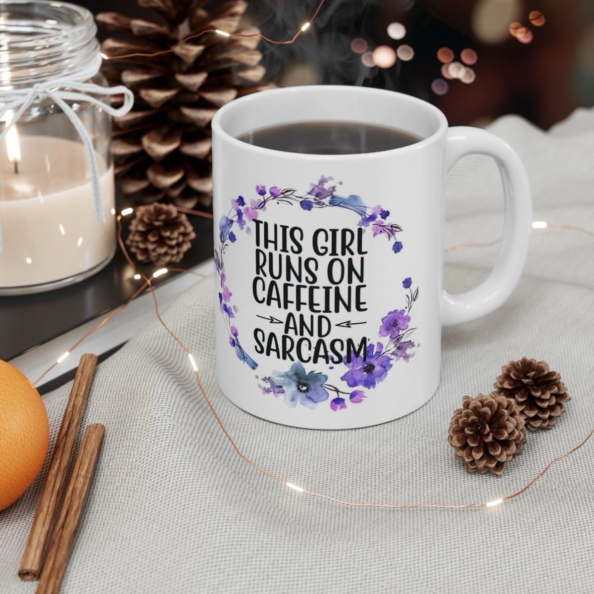 Funny mug sarcastic - gift xmas christmas secret santa stocking filler for girls who run off caffeine and sarcasm drinkware washable reusabl