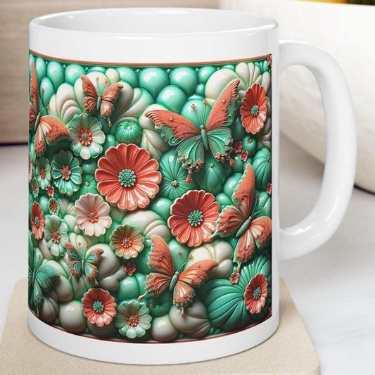 Turquoise and orange butterfly flower garden 3d mug - perfect for your morning drinks - drinkware tumbler reusable washable coffee cup reuse