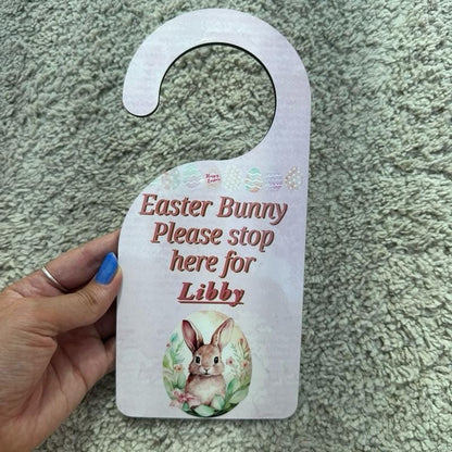Personalised easter bunny please stop here door hanger door sign for kids - pink/blue - hangable, ornaments, hanging, decoration, decor gift