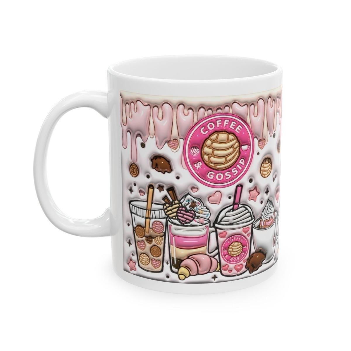 Pretty 3d coffee and gossip girly pink mug - secret santa christmas stocking filler - drinkware tumbler reuse cup washable reusable ceramic