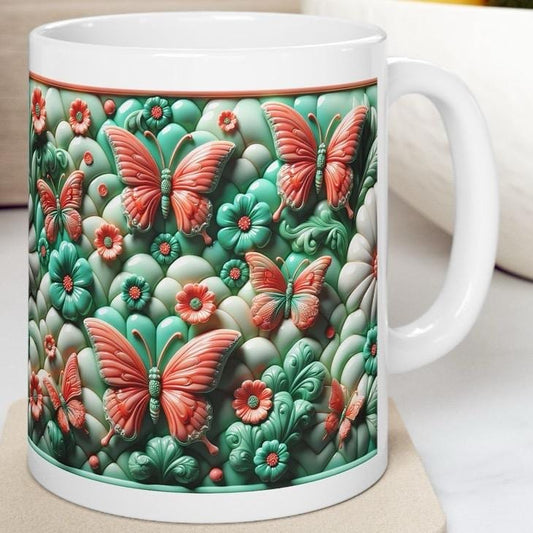 Teal corral butterfly flower 3d mug - perfect for your morning drinks - drinkware tumbler cup reuse reusable washable coffee ceramic xmas