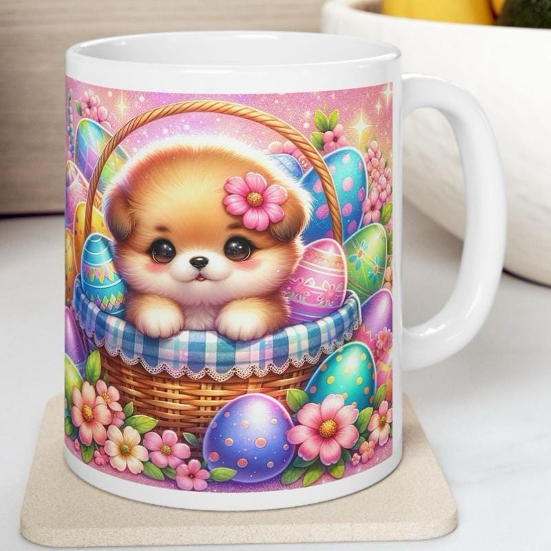 Easter puppy dog mug - cute gift - perfect for hot drinks - drinkware, tumblers cup bottles reusable washable portable reuse ceramic coffee