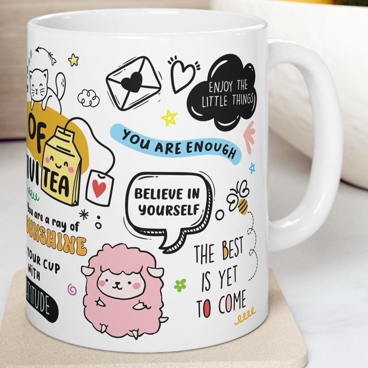 Mug of positivity for mental health and anxiety with affirmations - cup, drinkware tumblers bottles ceramic reusable reuse coffee washable t