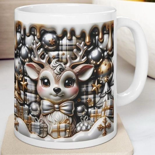 3d festive deer mug - cozy holiday design with gold and gray accents - perfect christmas gift drinkware reuse reusable washable ceramic coff