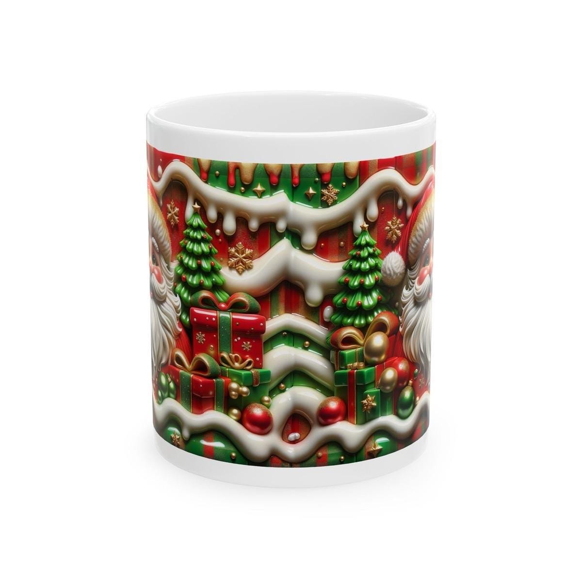 3d quilted sparkly festive santa mug - cozy holiday design with red and green accents - perfect christmas gift drinkware reuse reusable coff