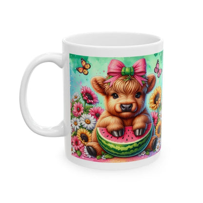 Cute highland cow sitting in watermelon 3d mug - perfect for your morning drinks - drinkware, tumblers cup reusable washable bottles ceramic