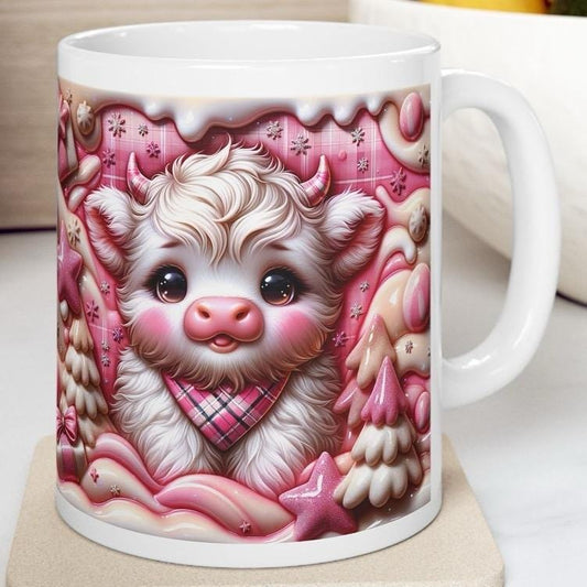 3d pink highland cow christmas mug – adorable festive design with candy accents, perfect for holiday gifting! drinkware reusable washable