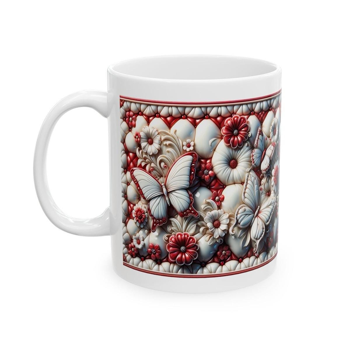 Red and ivory quilted butterfly garden 3d mug - perfect for coffee and tea - drinkware washable tumbler reusable cup reuse ceramic xmas mugs