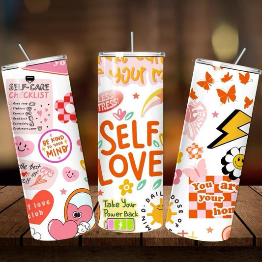 Self love mental health tumbler 20oz - perfect gift for girly birthday, mother’s day, and valentines - drinkware, mugs flasks water bottle