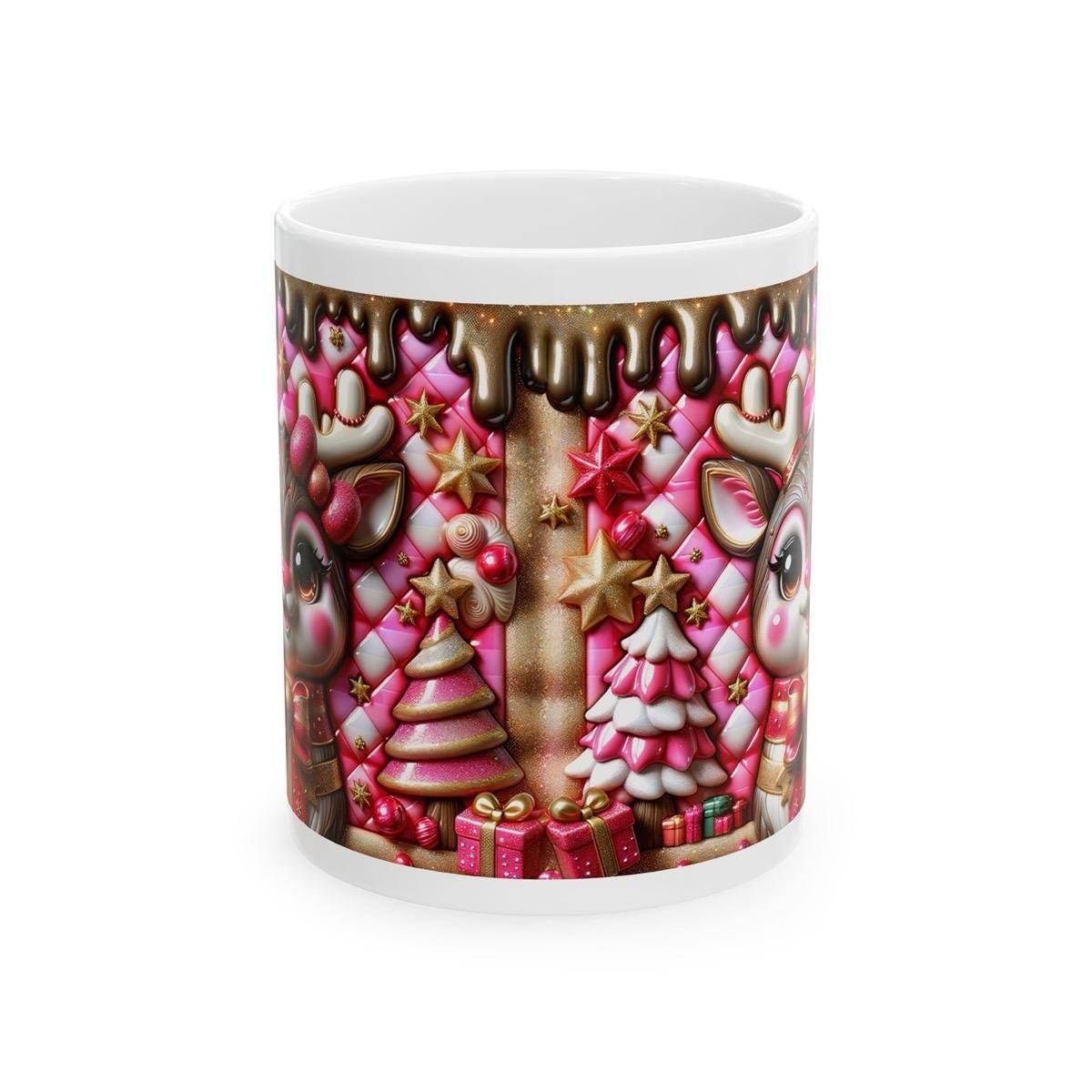 3d quilted sparkly pink festive deer mug - cozy holiday design with pink and brown accents - perfect christmas gift drinkware reuse reusable