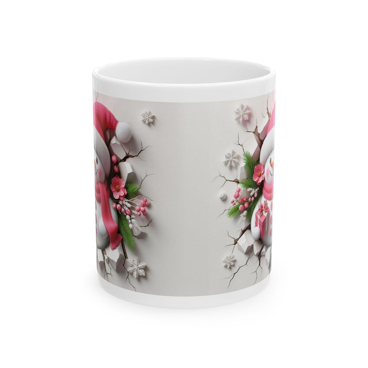 Christmas pink snowman 3d mug - festive drinkware for the holidays - cup tumblers reusable washable reuse ceramic coffee xmas mugs tea class