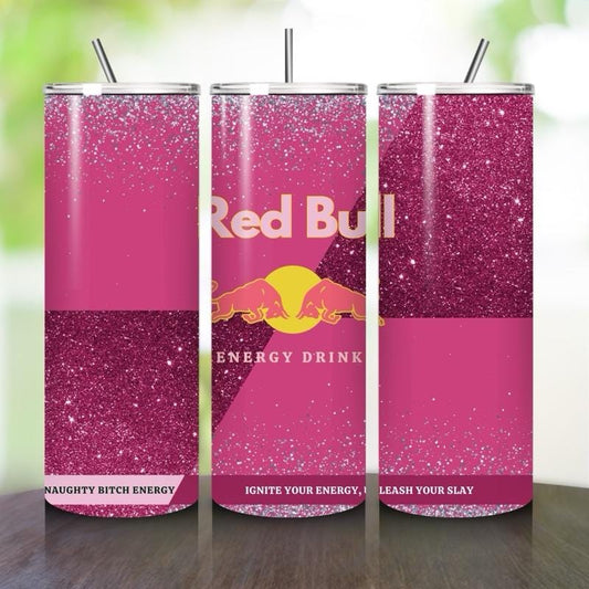 Red bull tumbler 20oz - pink glitter style ‘naughty bitch energy’ ‘unleash your slay’ perfect for on-the-go hydration - vacuum flask