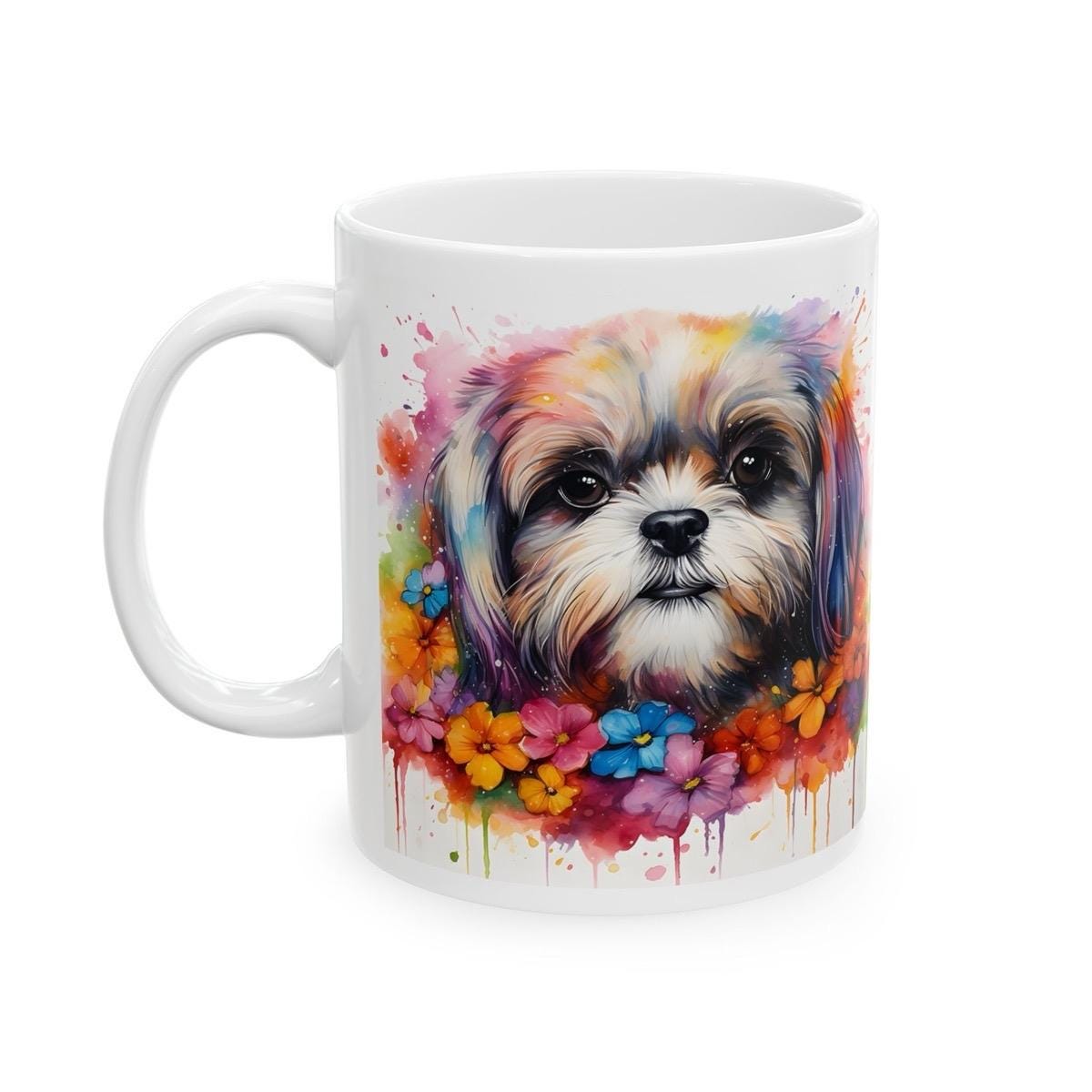Shih tzu floral art mug - perfect xmas christmas gift for dog lovers - puppy drinkware washable tumbler coffee cup reusable reuse ceramic te